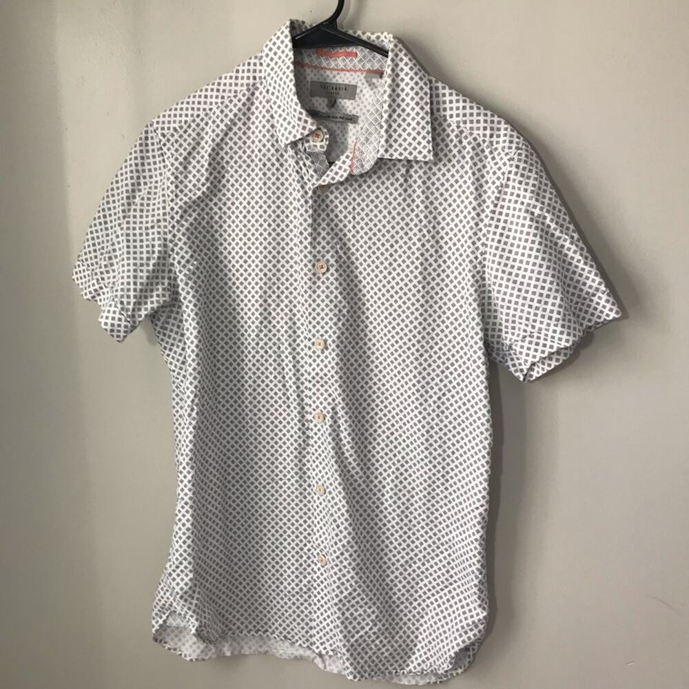 Ted Baker womens S button down short sleeve fitted geometric print shirt preppy